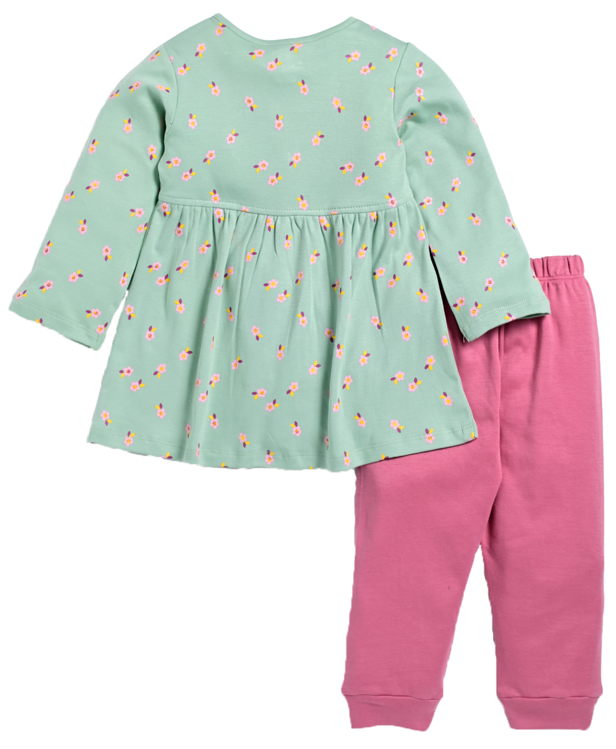 D2D All Over Little Flower Printed Full Sleeve Frock with Pink Pant G-FO-19_Celadon