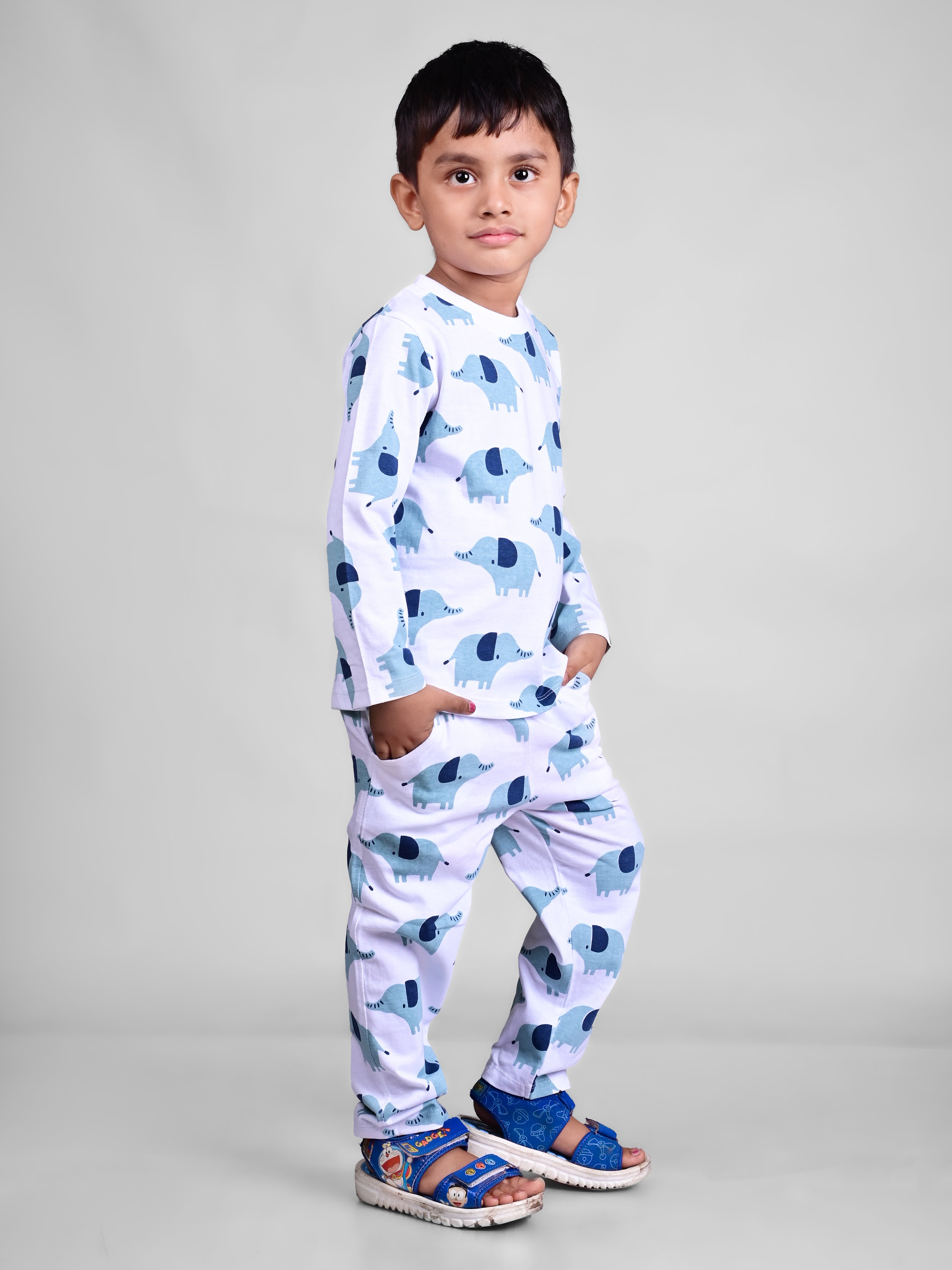 DTD Pure Cotton White Color All Over Elephant Printed Boys Full Sleeve Set B-FS-NS-07