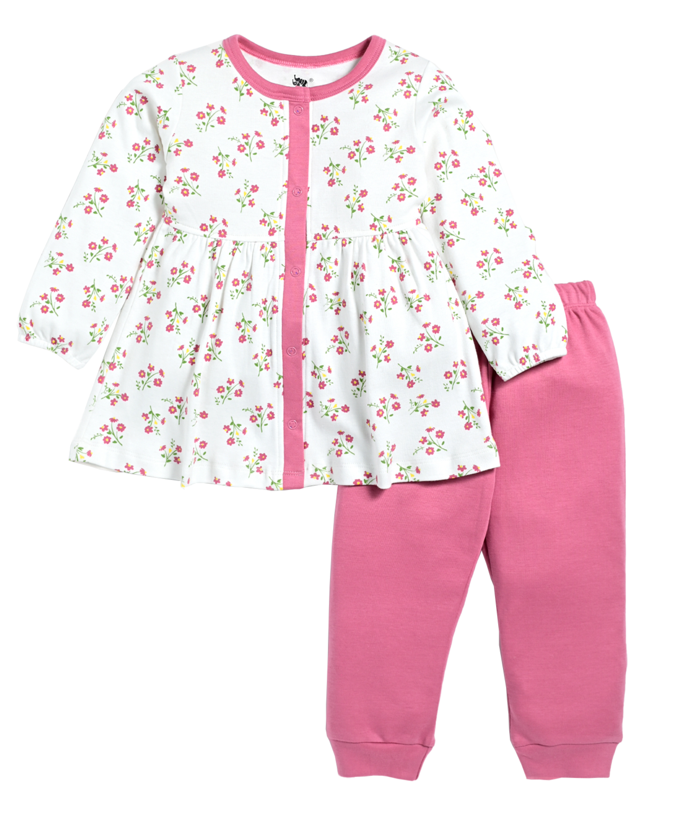 D2D All Over Little Flower Printed Full Sleeve Frock with Pink Pant G-FO-25_White