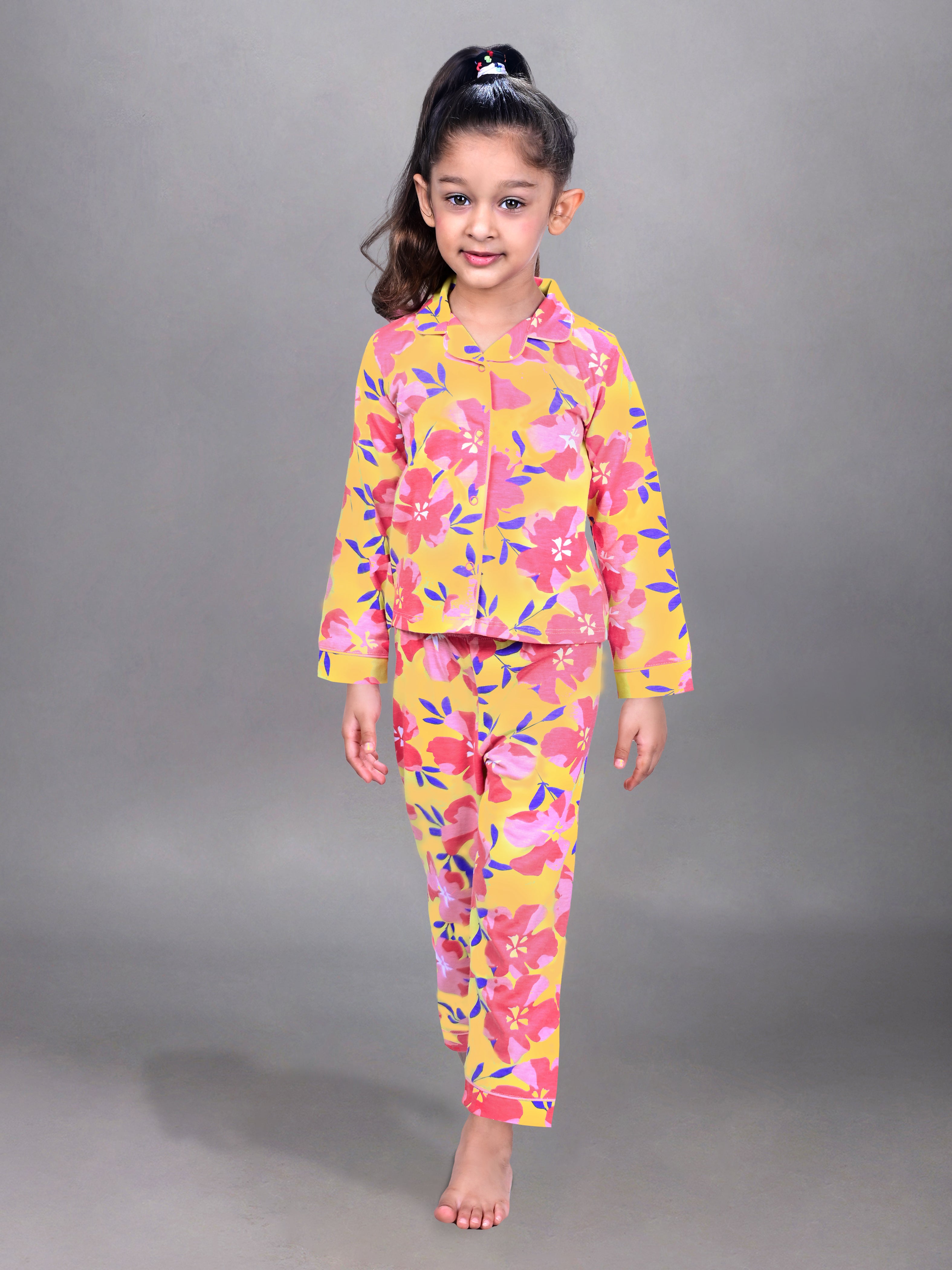 DTD Yellow Color All Over Pink Flower Printed Girls Night SuitG-FS-NS-08