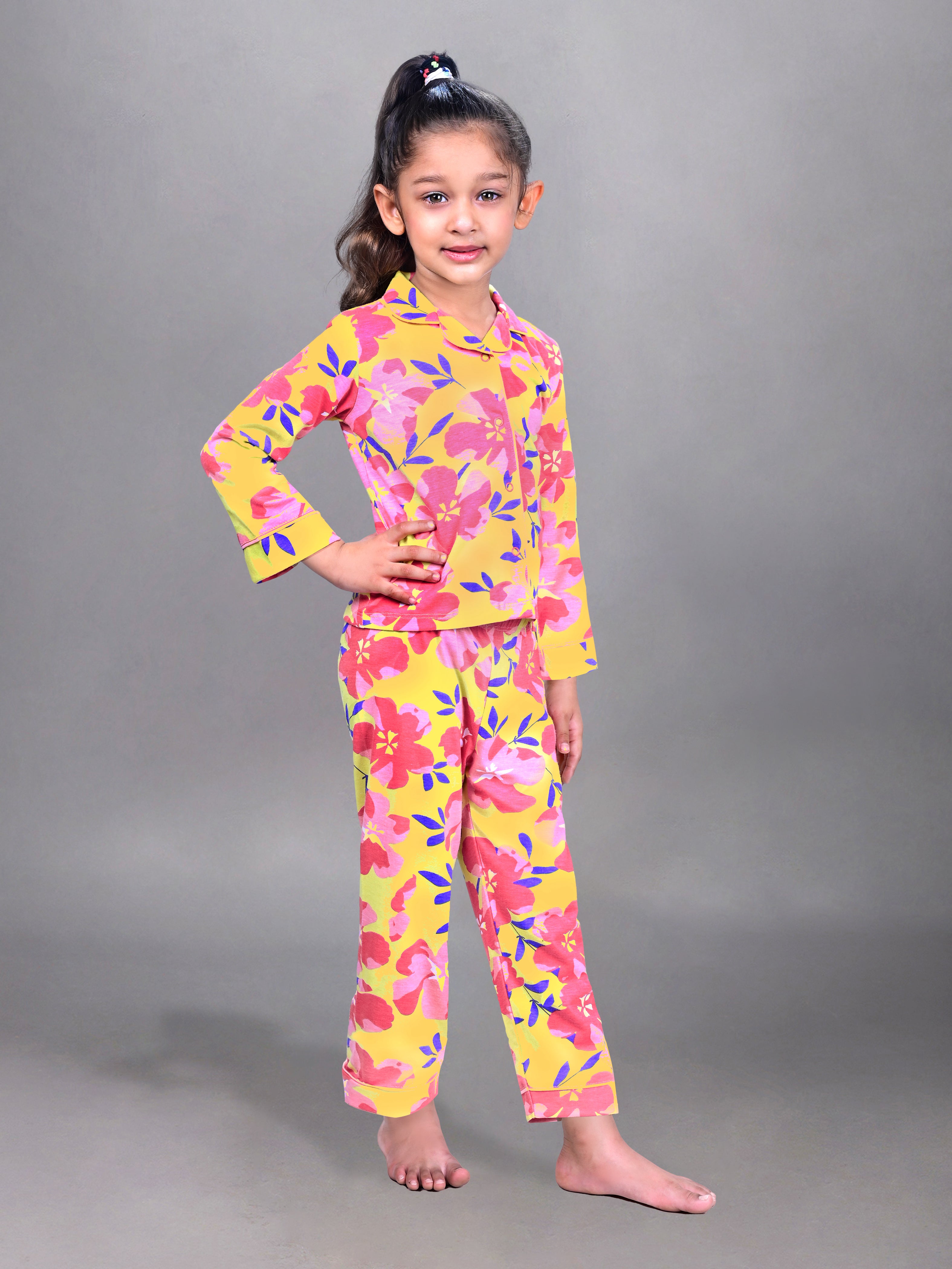 DTD Yellow Color All Over Pink Flower Printed Girls Night SuitG-FS-NS-08