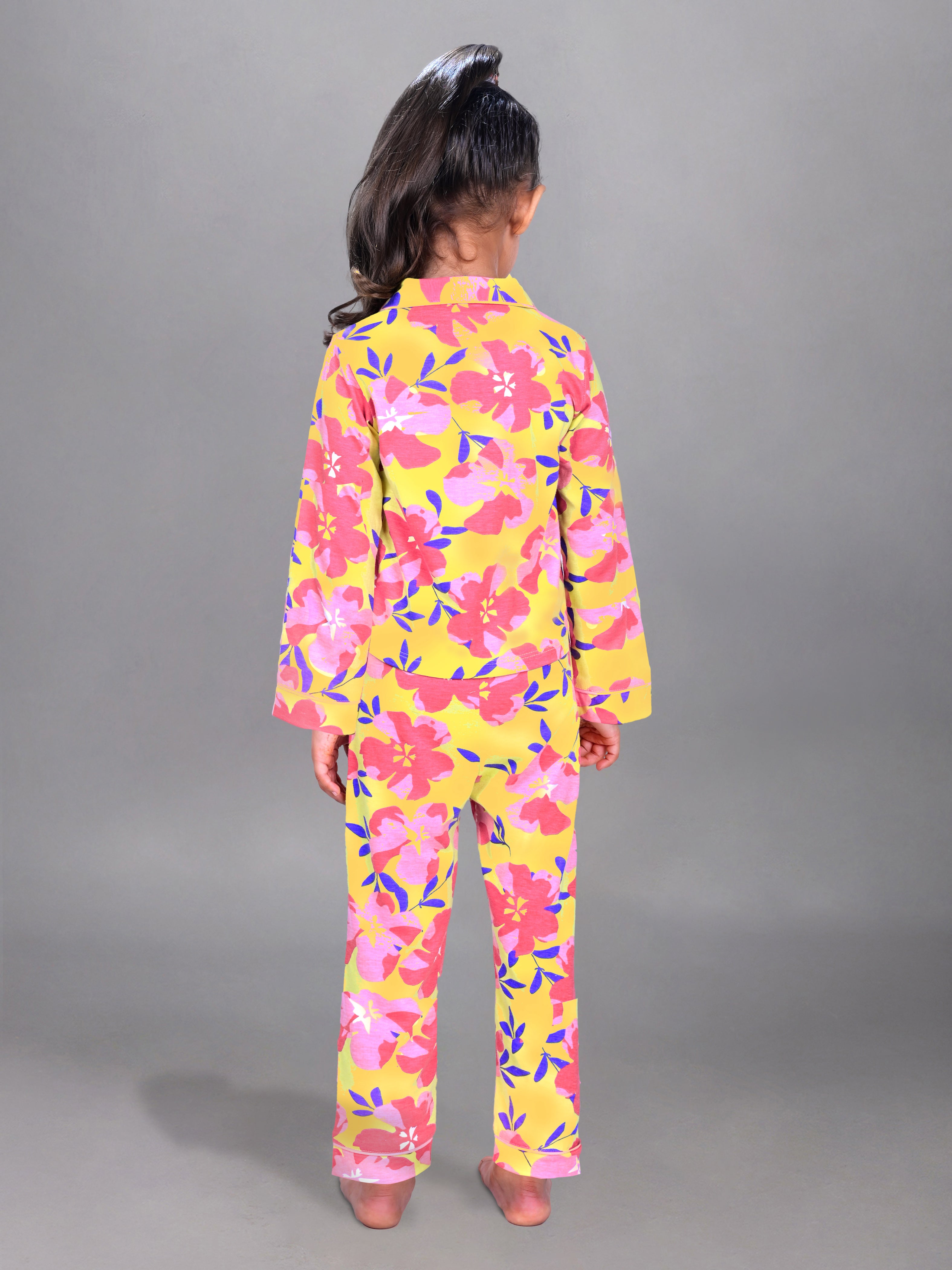 DTD Yellow Color All Over Pink Flower Printed Girls Night SuitG-FS-NS-08