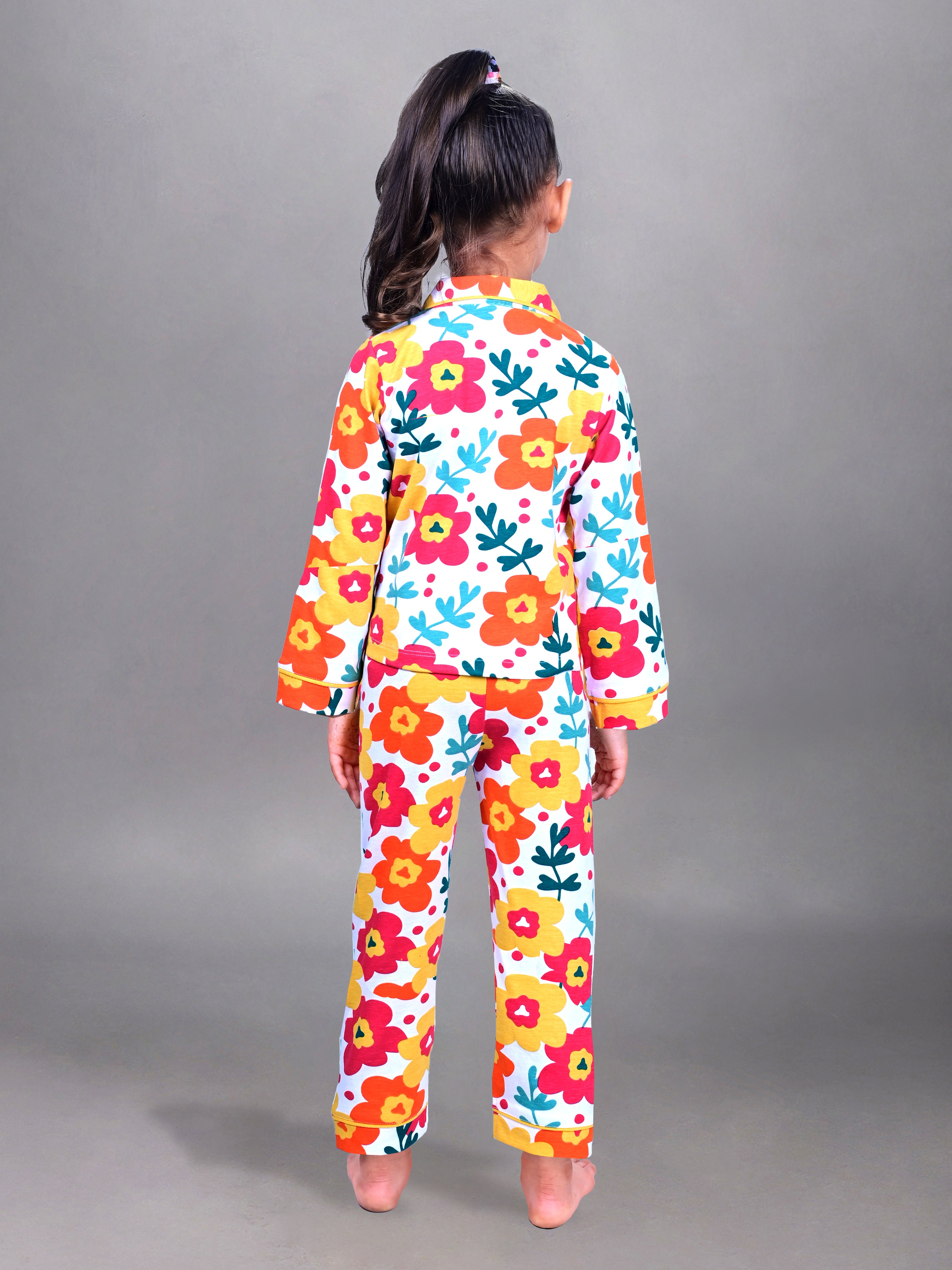 DTD White Color All Over Multi Color  Flower Printed Girls Night Suit G-FS-NS-07