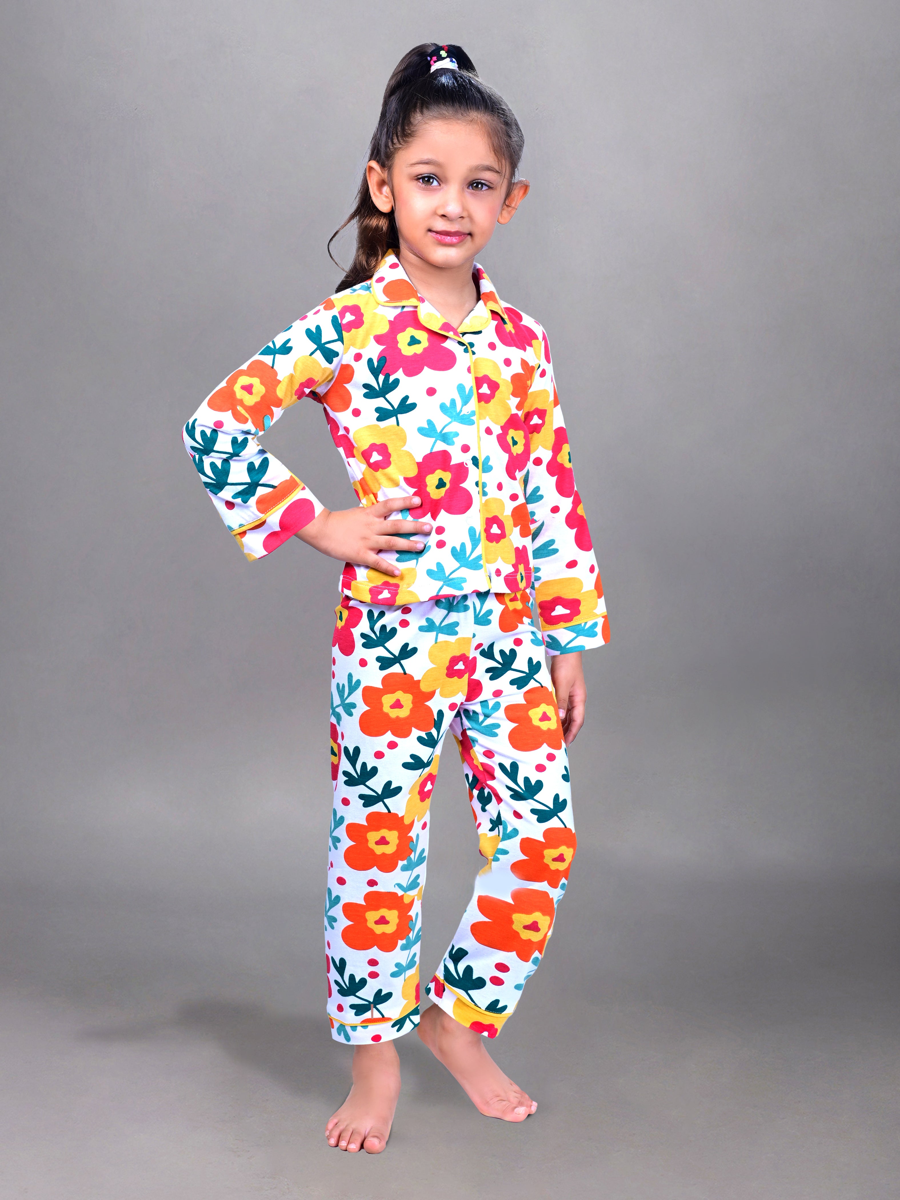 DTD White Color All Over Multi Color  Flower Printed Girls Night Suit G-FS-NS-07