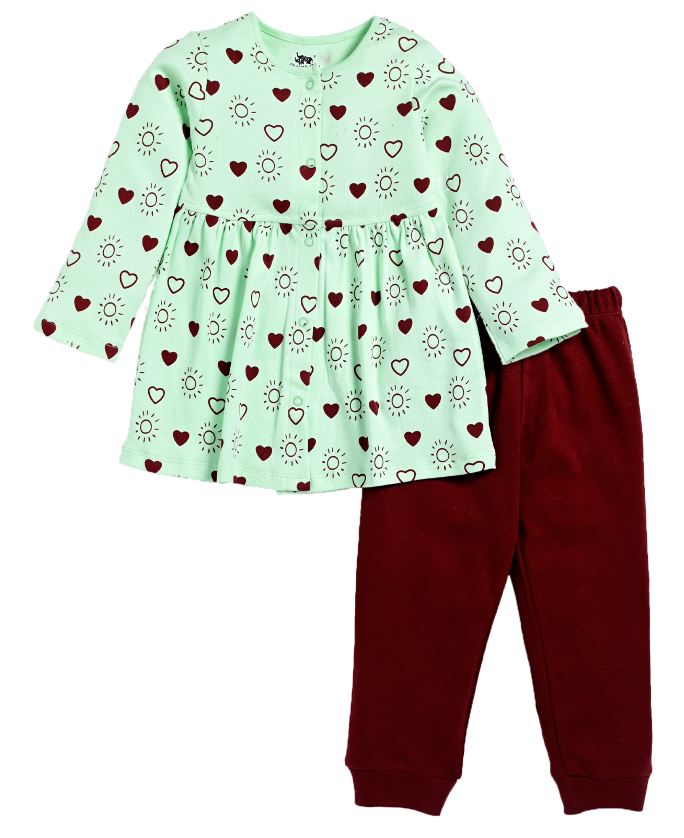 D2D All Over Heart Printed Full Sleeve Frock with Maroon Pant G-FO-19_Palegreen