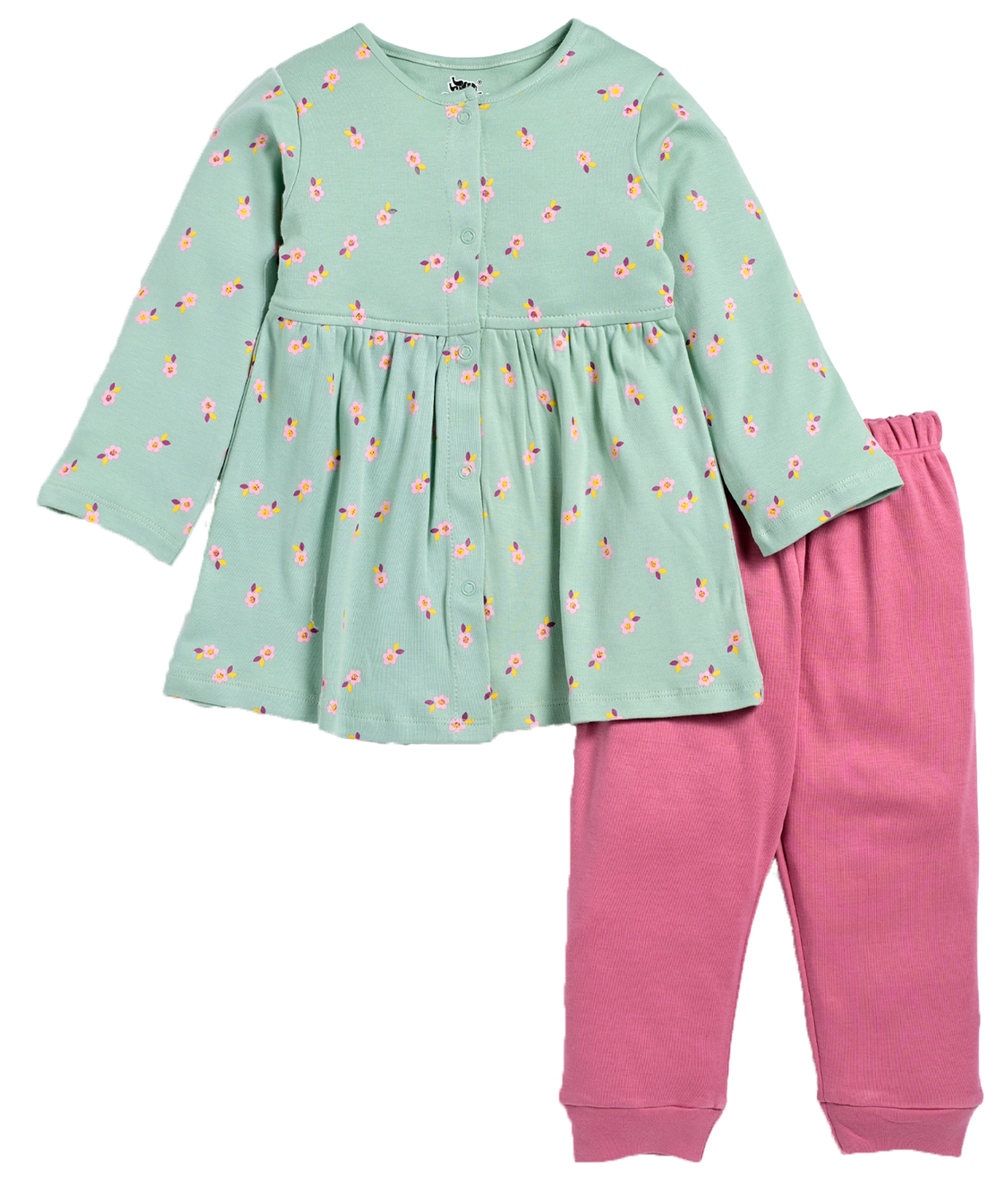 D2D All Over Little Flower Printed Full Sleeve Frock with Pink Pant G-FO-19_Celadon