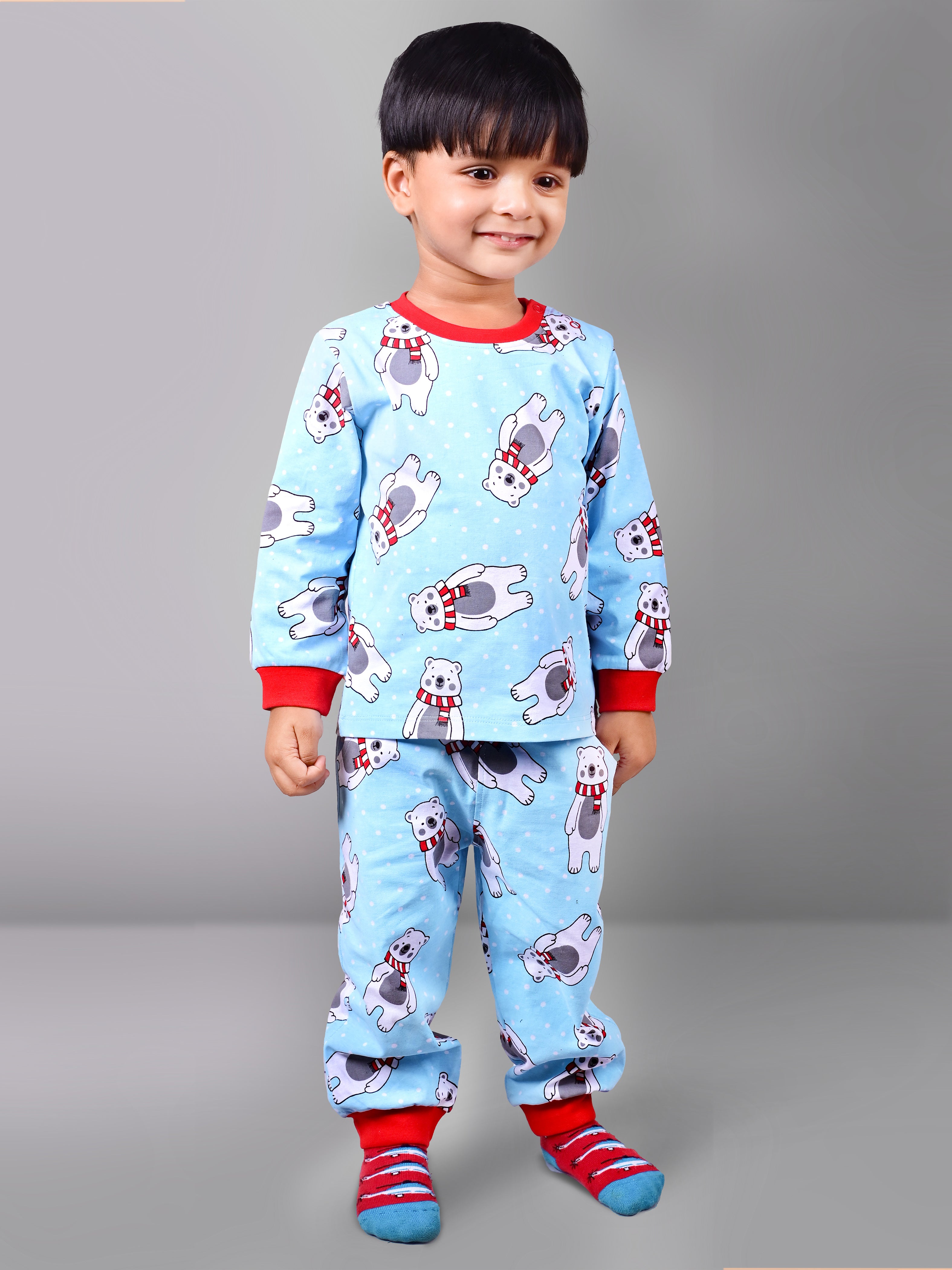 DTD Sky Blue Color Cotton All Over White Bear Printed Boys Full Sleeve Set B-FS-NS-10