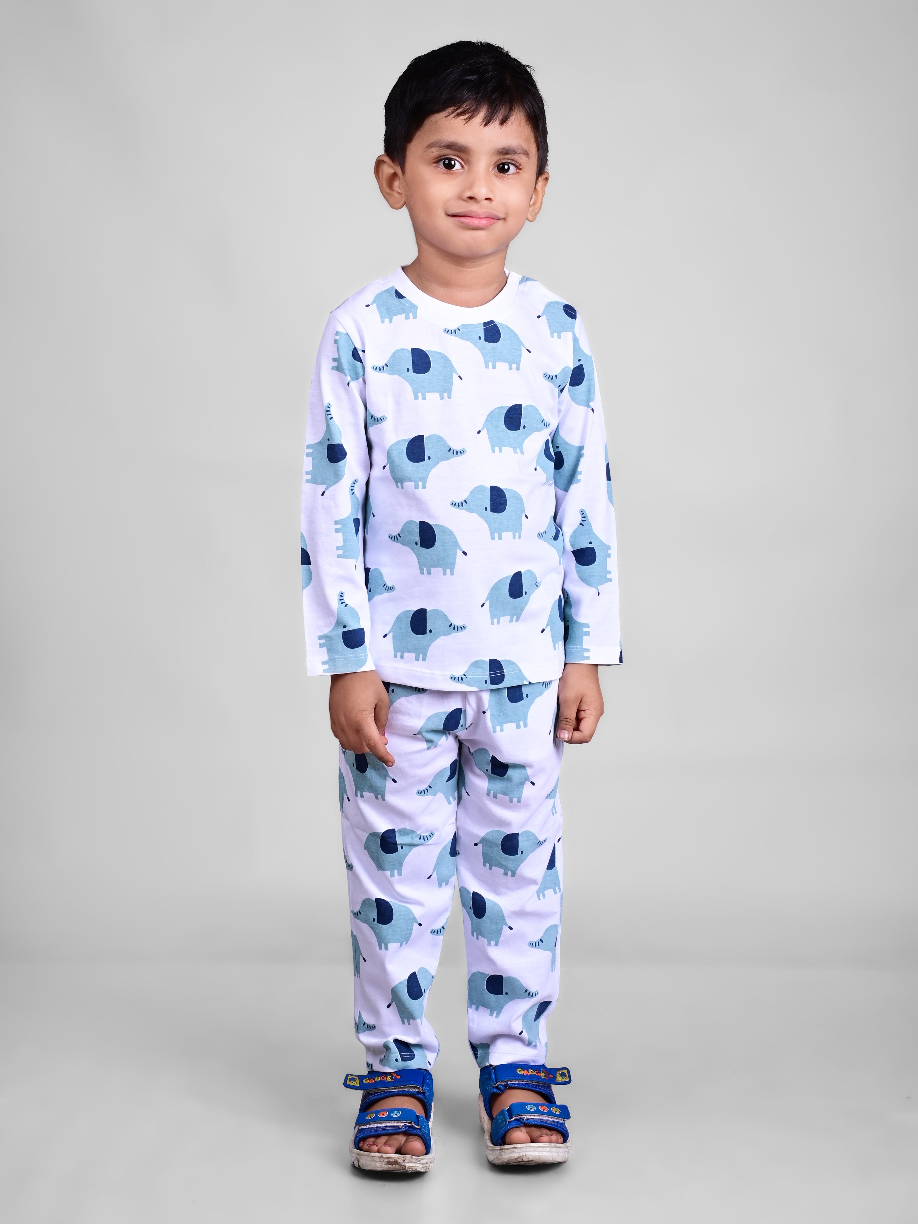 DTD Pure Cotton White Color All Over Elephant Printed Boys Full Sleeve Set B-FS-NS-07