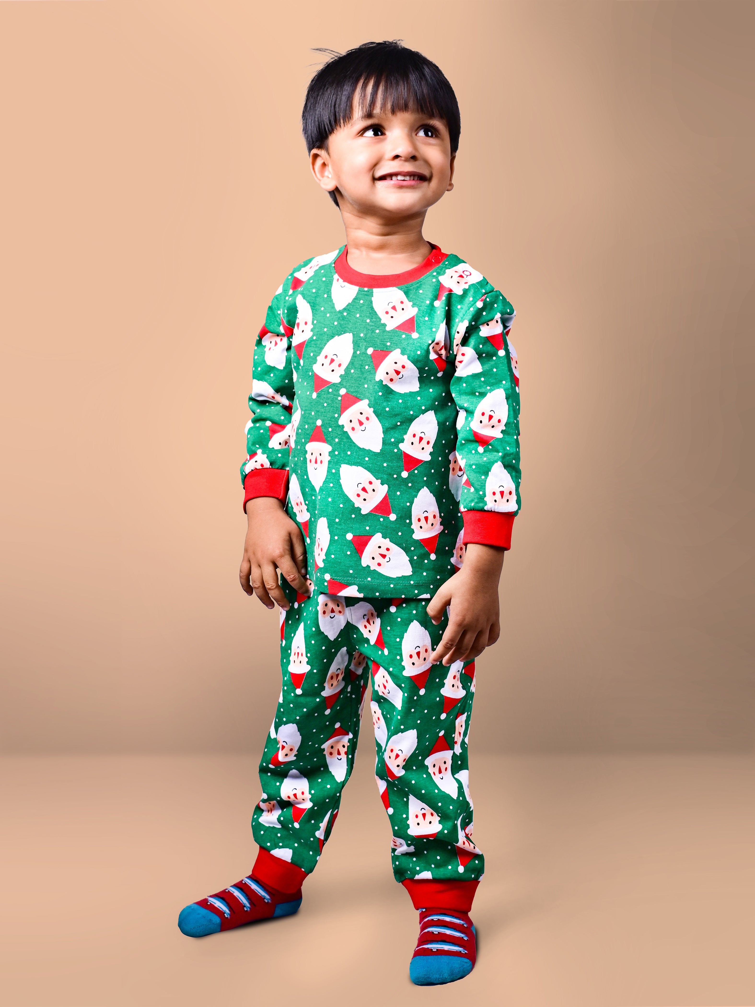 DTD Pure Cotton Green Color All Over Santa Claus Printed Boys Full Sleeve Set B-FS-NS-12