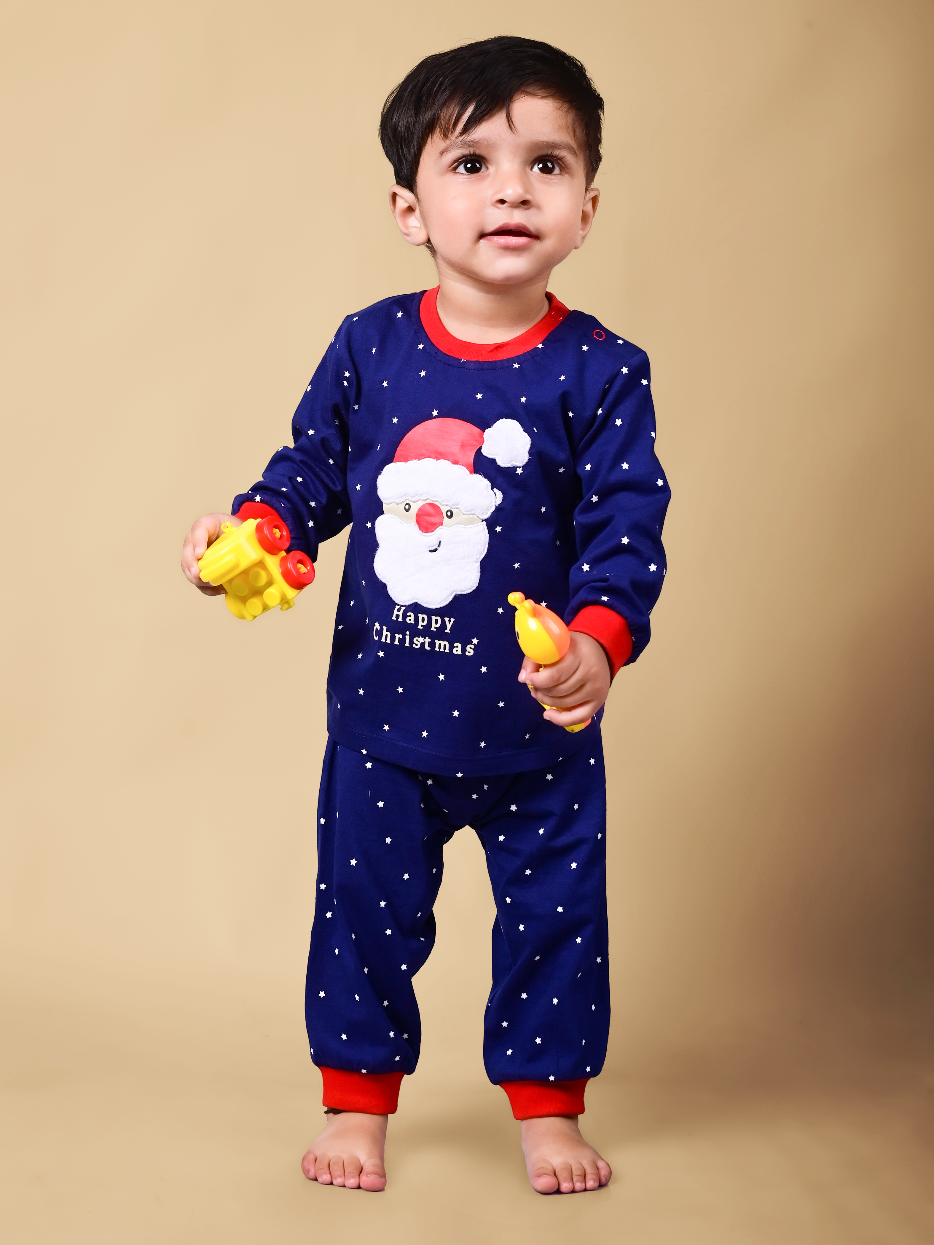 DTD Cotton Blue Color All Over Dotted Printed Santa Claus Design Boys Set B-FS-NS-08