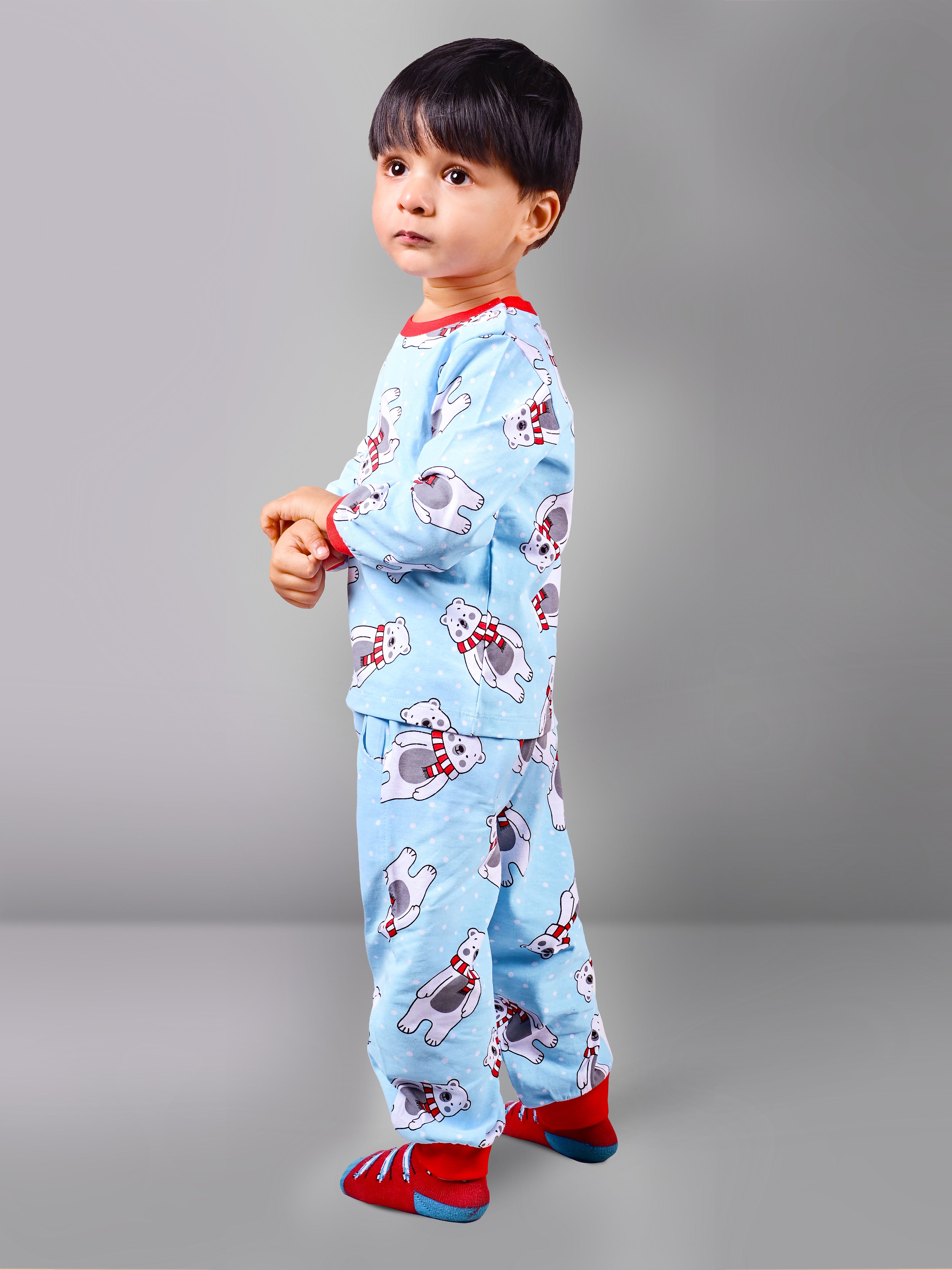 DTD Sky Blue Color Cotton All Over White Bear Printed Boys Full Sleeve Set B-FS-NS-10