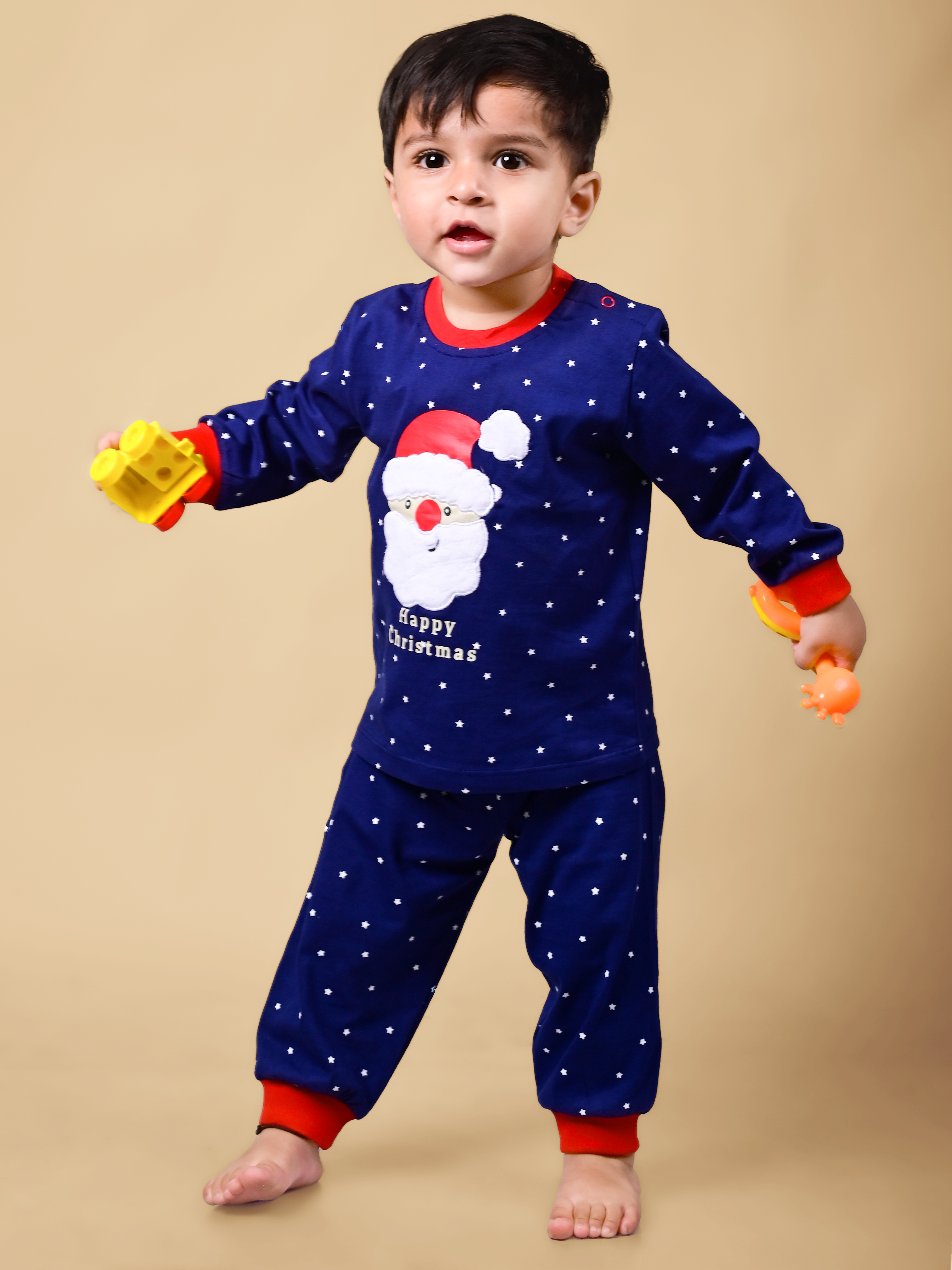 DTD Cotton Blue Color All Over Dotted Printed Santa Claus Design Boys Set B-FS-NS-08