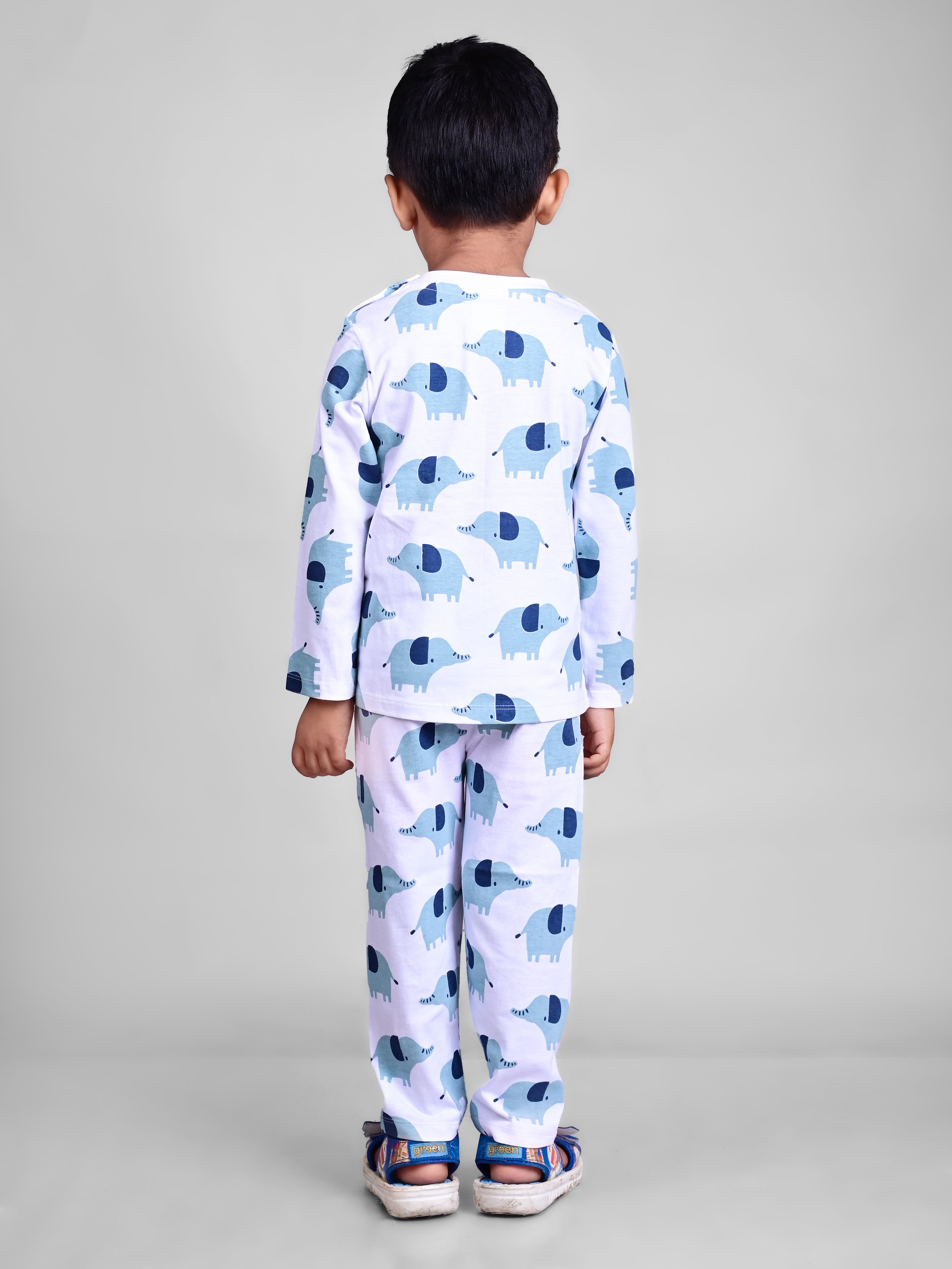 DTD Pure Cotton White Color All Over Elephant Printed Boys Full Sleeve Set B-FS-NS-07