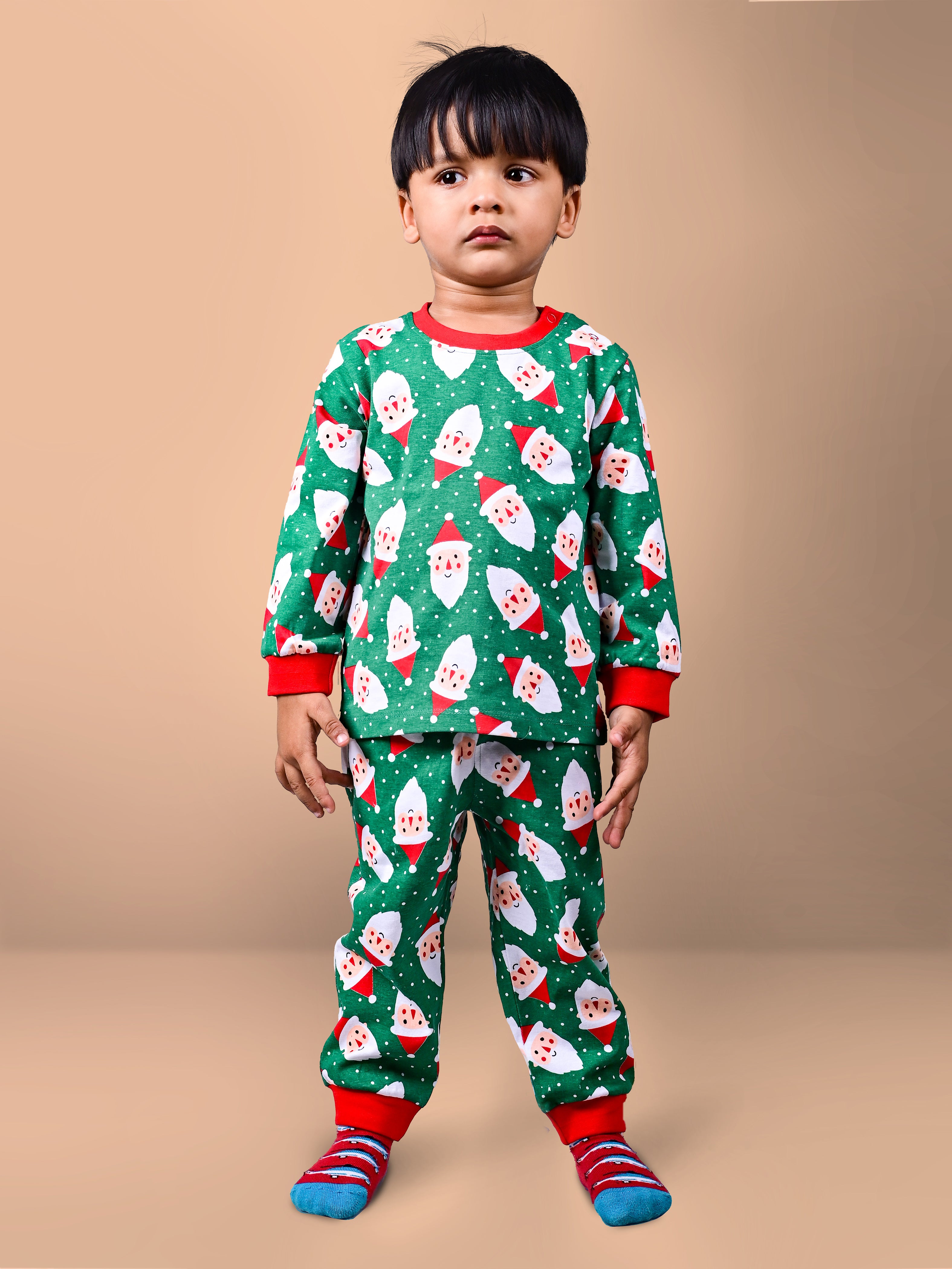 DTD Pure Cotton Green Color All Over Santa Claus Printed Boys Full Sleeve Set B-FS-NS-12