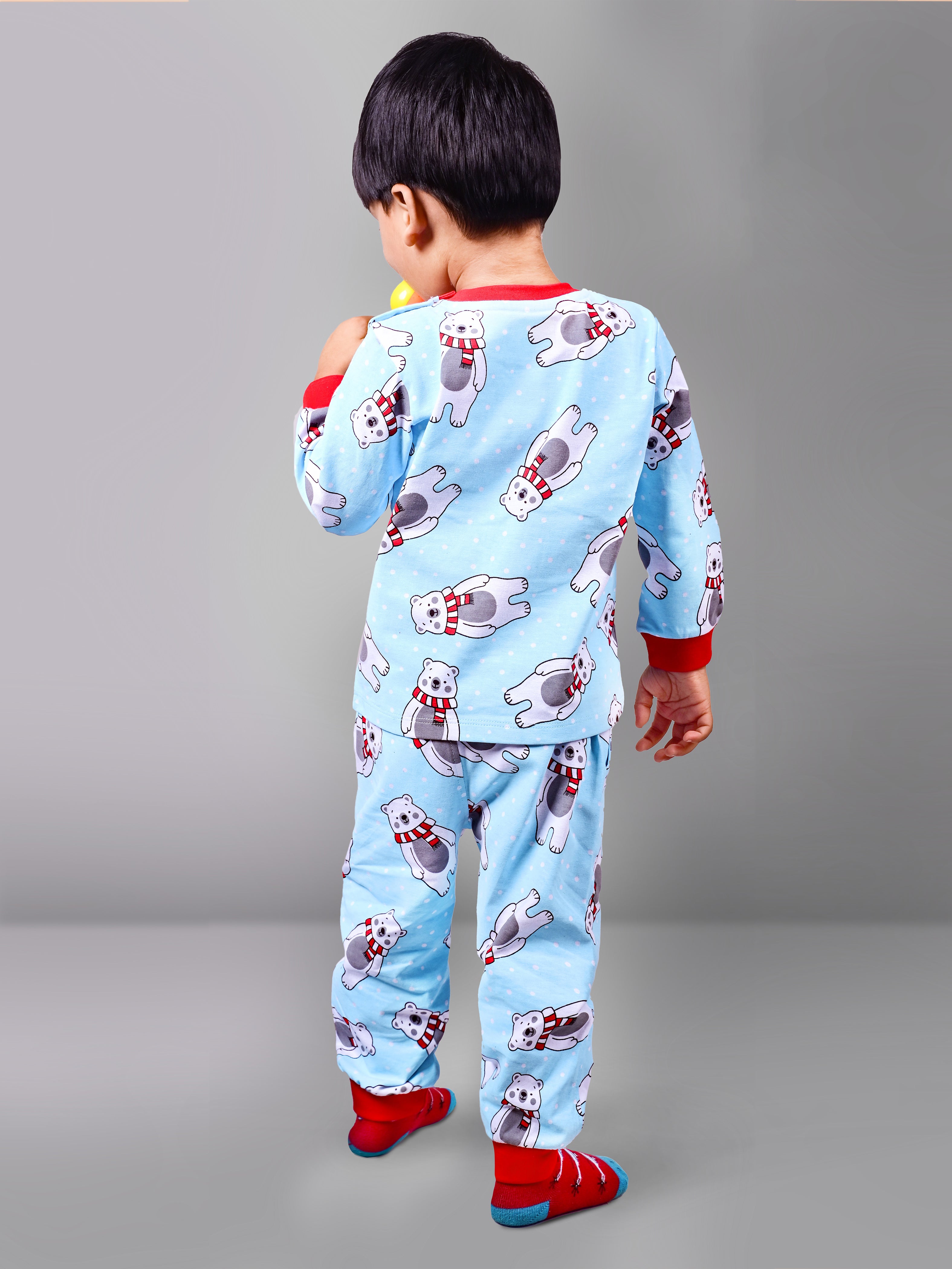 DTD Sky Blue Color Cotton All Over White Bear Printed Boys Full Sleeve Set B-FS-NS-10