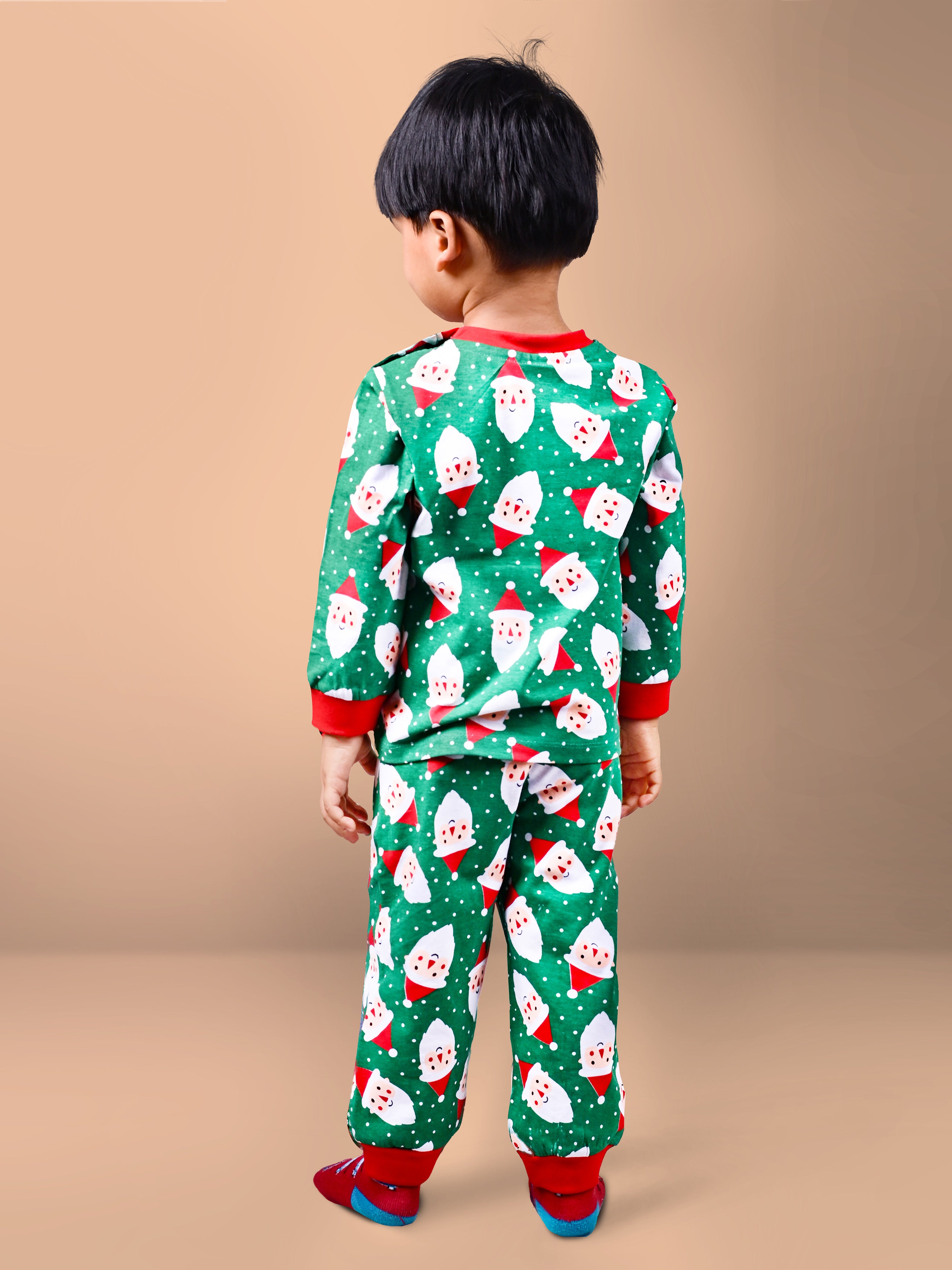 DTD Pure Cotton Green Color All Over Santa Claus Printed Boys Full Sleeve Set B-FS-NS-12