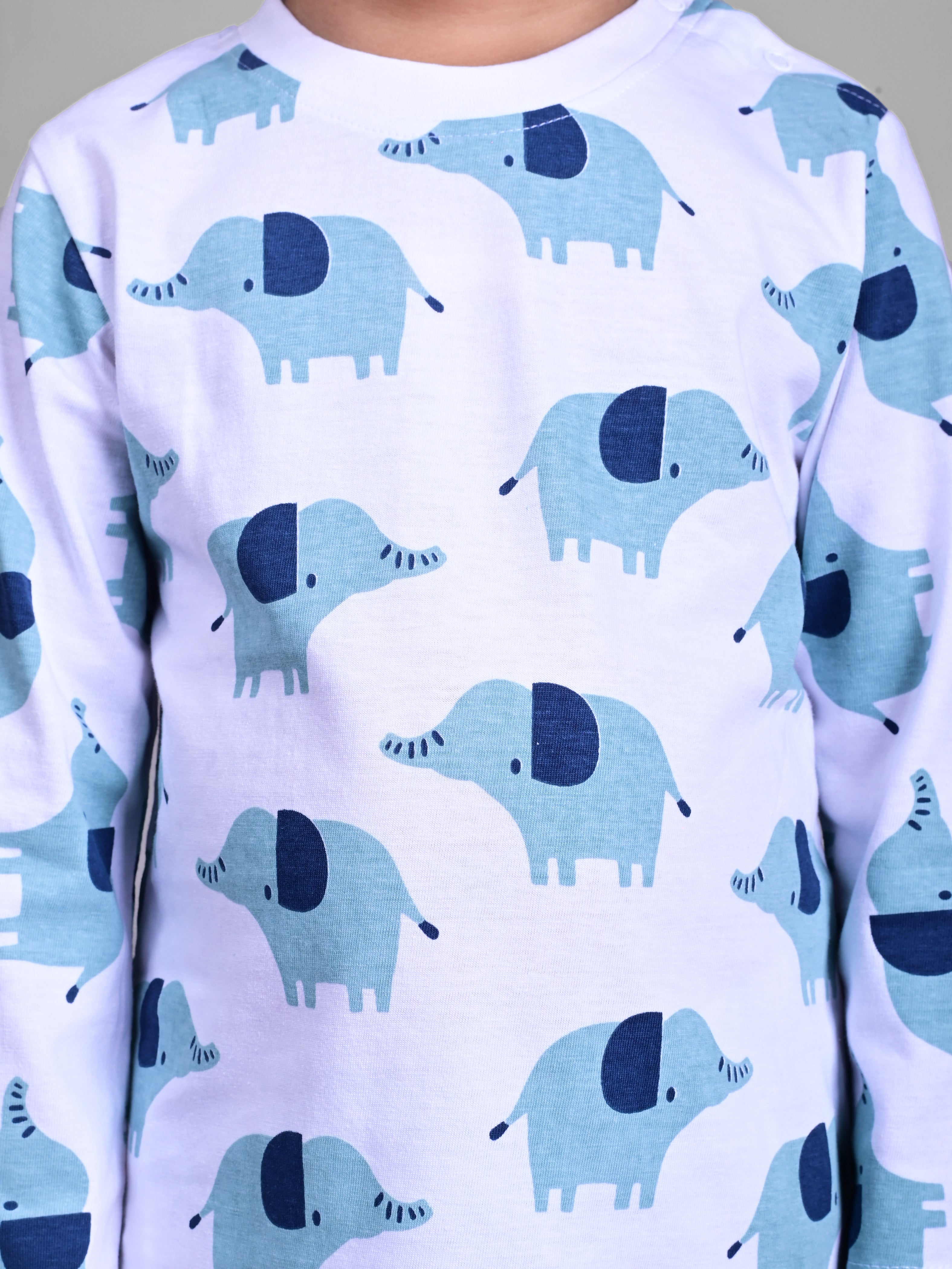 DTD Pure Cotton White Color All Over Elephant Printed Boys Full Sleeve Set B-FS-NS-07