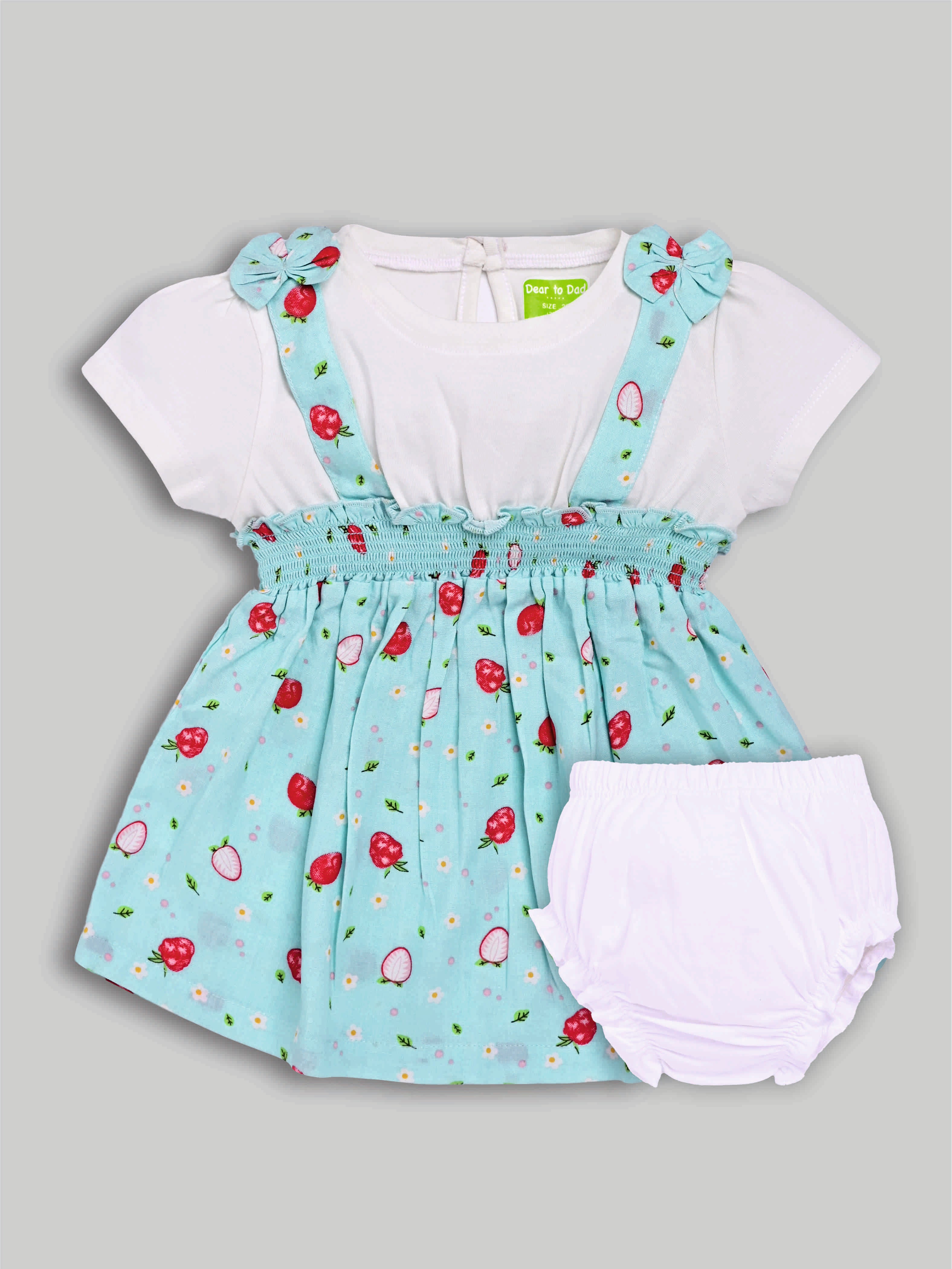 DTD White & Sky Blue Color Baby Girls All Over Strawberry Printed Panty Frock Set G-H/S-047B