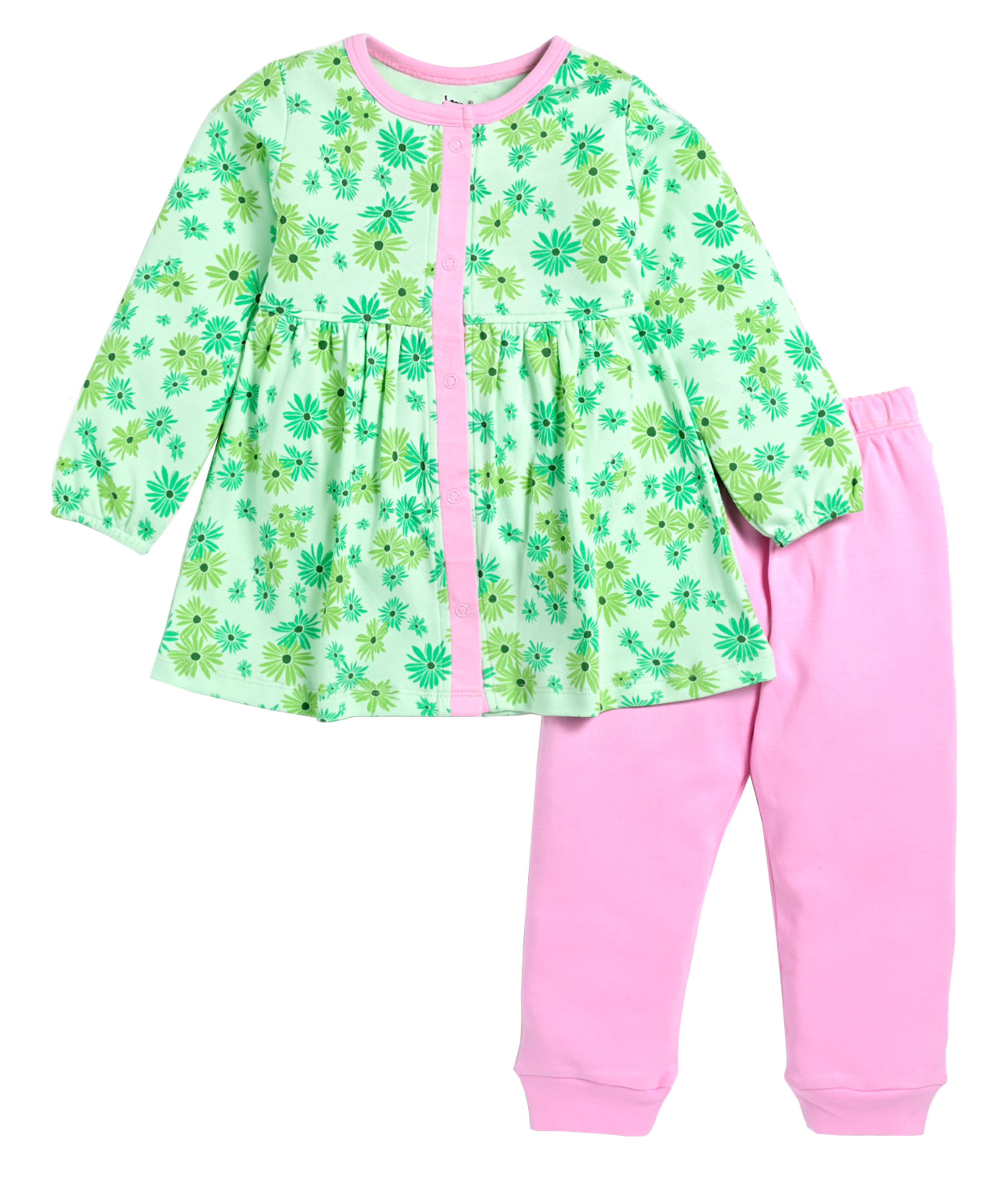 D2D All Over Little Flower Printed Full Sleeve Frock with Pink Pant G-FO-25_Green